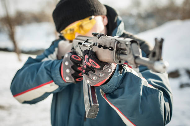 istock Front view gun point riffle machine gun. Shooting and weapons 1127735249