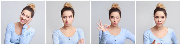 istock Collage of young woman's portraits with different emotions 1127736282
