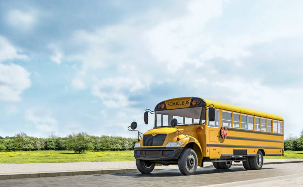 School bus driving on the country road, going to school, beautiful sunny day, 3d rendering stock photo