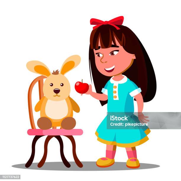 Little Girl Shares One Apple With Her Soft Toy Hare Vector Isolated Illustration Stock Illustration - Download Image Now