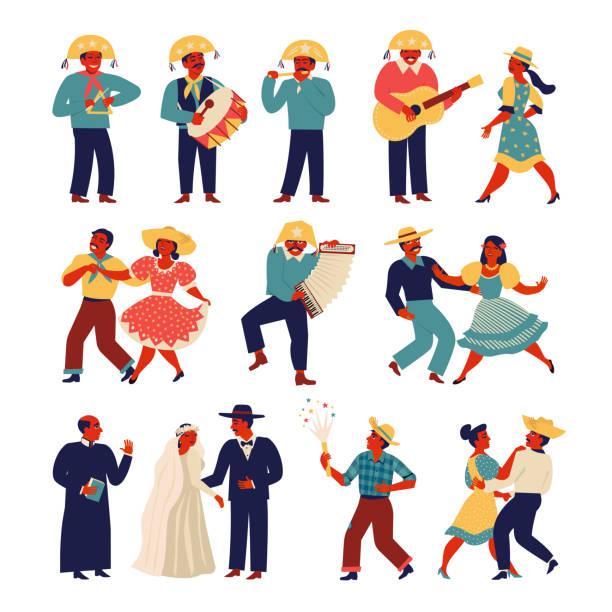 illustrations, cliparts, dessins animés et icônes de peuple brésilien vêtu d’un costume traditionnel pour le parti junina définie. modèles de vecteur pour des vacances d’amérique latine, le groupe de juin du brésil. - culture brésilienne
