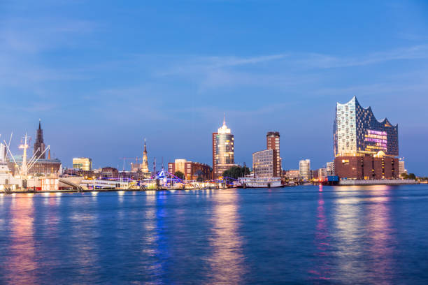 istock Skyline Hamburg with River Elbe at sunset 1127740554