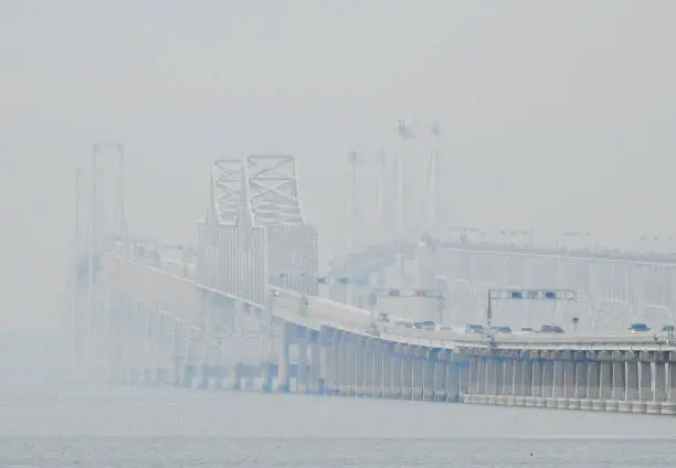 Photo of Chesapeake Bay Bridge on a gloomy, foggy winter day