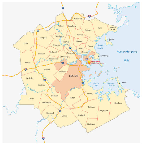 ilustrações, clipart, desenhos animados e ícones de mapa do vetor de maior metropolitana região de boston, massachusetts, estados unidos - new england region
