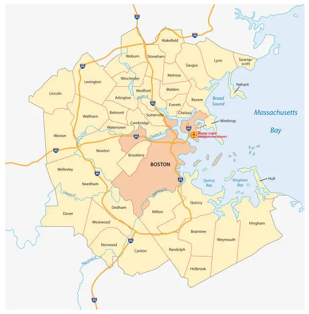 Vector illustration of vector map of the Greater Boston metropolitan region, Massachusetts, united states