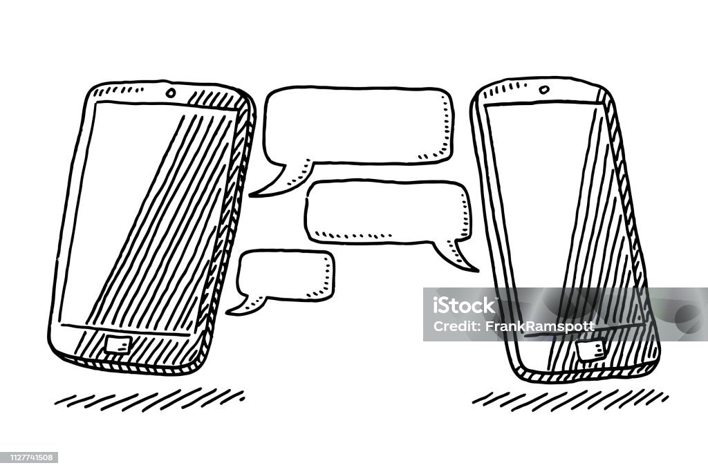 Two Smart Phones Internet Chat Technology Drawing Hand-drawn vector drawing of Two Smart Phones and Speech Bubbles, Internet Chat Technology. Black-and-White sketch on a transparent background (.eps-file). Included files are EPS (v10) and Hi-Res JPG. Sketch stock vector