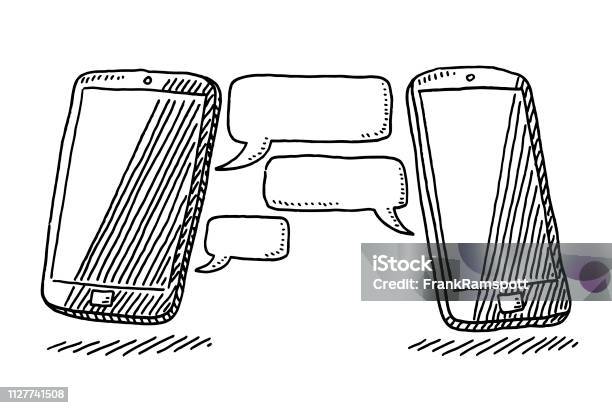 Two Smart Phones Internet Chat Technology Drawing Stock Illustration - Download Image Now - Sketch, Drawing - Art Product, Online Messaging