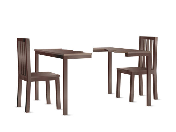 istock Realistic perspective view vector of a divided wooden dining table and two chairs depicting a dispute. 1127742610