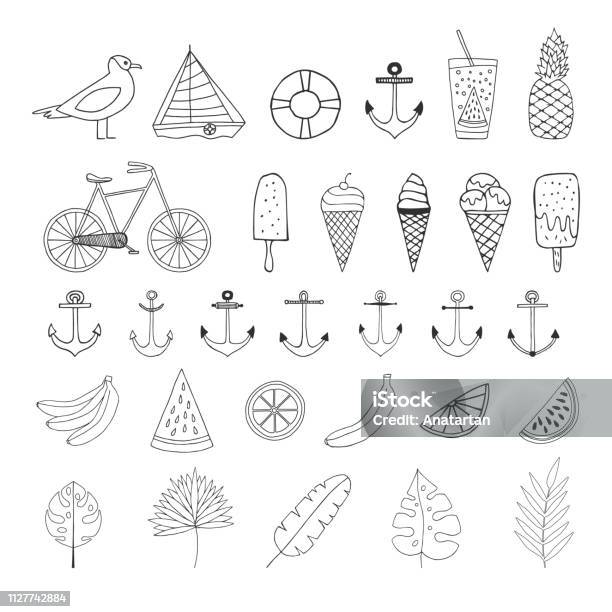 Set Of Summer Hand Drawn Design Elements Stock Illustration - Download Image Now - Ice Cream, Tattoo, Cycling