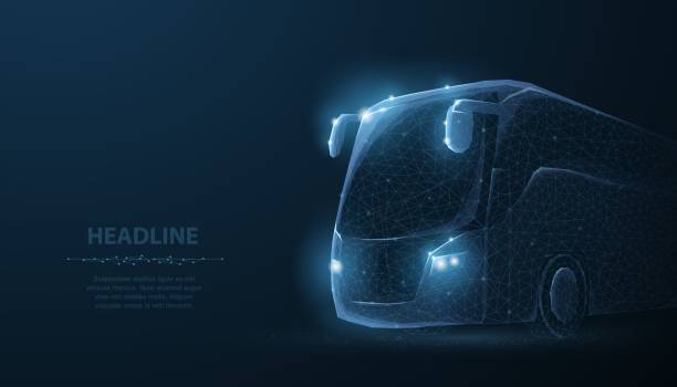 Tourist bus. Polygonal wireframe mesh on blue night sky with dots, stars and looks like constellation. Illustration on dark background. Travel, School bus, Business tour symbol coach background stock illustrations