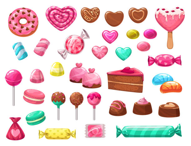 Valentines Day heart candies, sweets and cakes Valentines Day sweets vector icons of romantic love holiday gifts. Chocolate cake, heart shaped candies, lollipops and jellies, marshmallow, cupcakes and macarons, donuts, ice cream and caramel heart shape valentines day chocolate candy food stock illustrations