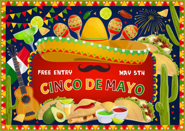 Mexican holiday, Cinco de Mayo celebration party Cinco de Mayo greeting and fiesta fireworks in bunting flags frame. Vector Cinco de Mayo Mexican holiday poster, traditional Mexico symbols and party food, sombrero and mustache with cactus tequila chili pepper border stock illustrations