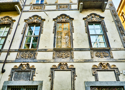 Baroque facade of a typical European building. Turin, Italy.