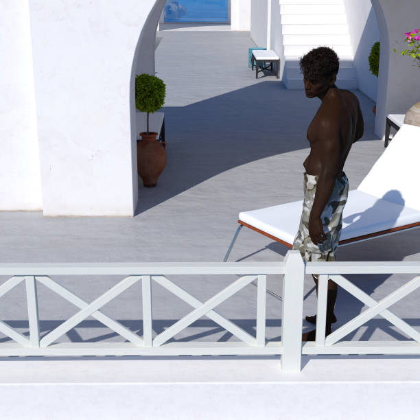 istock Illustration of a man standing looking over a white rail while on vacation 1127745232