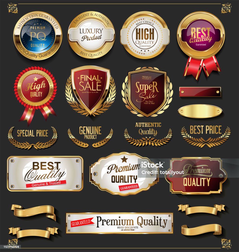 Collection of vintage retro premium quality golden badges and labels Badge stock vector