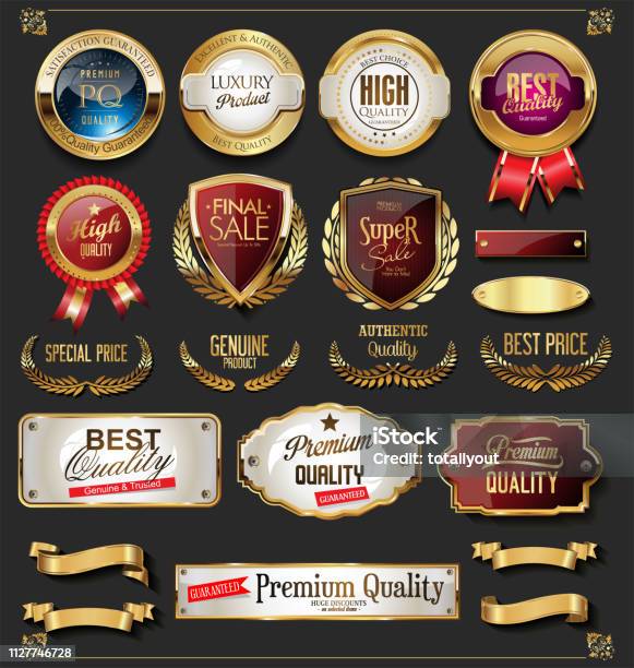 Collection Of Vintage Retro Premium Quality Golden Badges And Labels Stock Illustration - Download Image Now