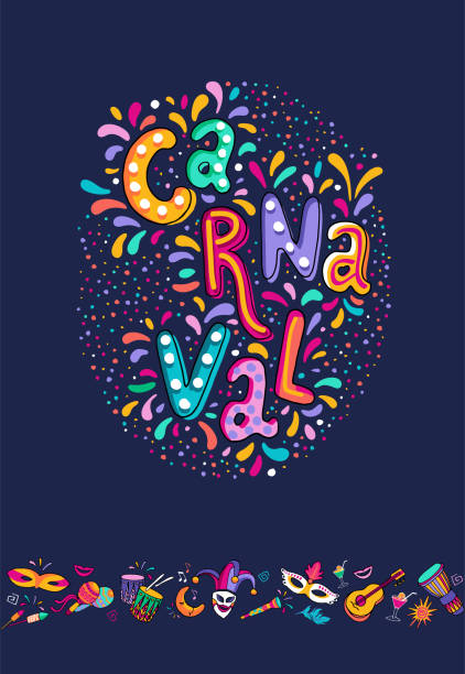 vektor-handgezeichnete carnaval schriftzug. karneval-titel mit bunten party elemente, konfetti und brasil-samba-dansing - karneval feier stock-grafiken, -clipart, -cartoons und -symbole