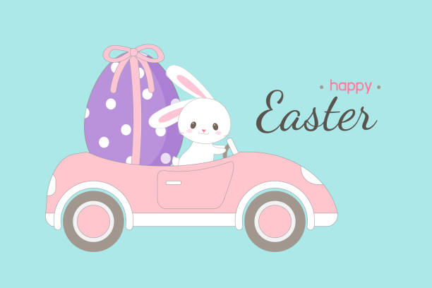 Cute rabbit carrying big easter egg in a car. Easter egg hunt poster invitation template vector in pastel color. Cute rabbit carrying big egg in a car. easter easter egg eggs basket stock illustrations