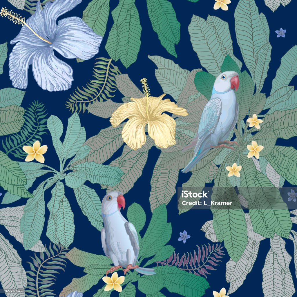 Vector seamless floral pattern from hibiscus and plumeria flowers, blue Indian parrots, and fantasy tropical foliage on the dark blue background. Wallpaper, Batik paint Parrot stock vector