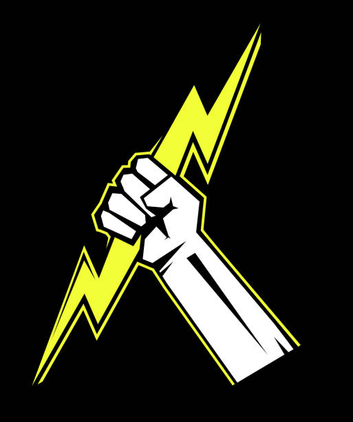 The fist squeezing a lightning. The vector illustration symbolizing force, the power. A logo, a sign for the power companies Zeus hand. Design element. Vector illustration. zeus logo stock illustrations