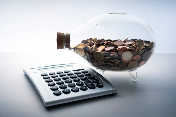 Saving concept: Piggy bank and calculator
