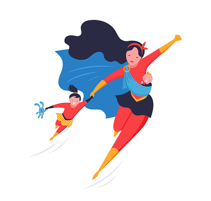 Super Mom. Flying superhero mother carrying a baby. Vector illustration template