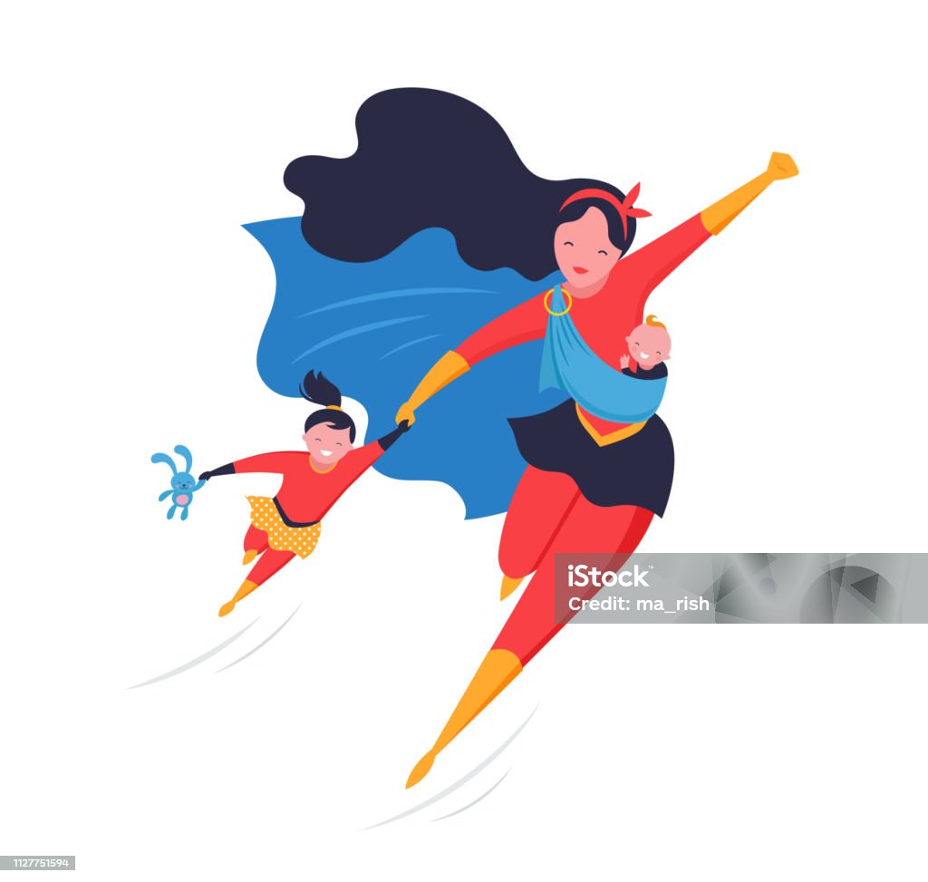 Super Mom. Flying superhero mother carrying a baby. Vector illustration Super Mom. Flying superhero mother carrying a baby. Vector illustration template Mother stock vector