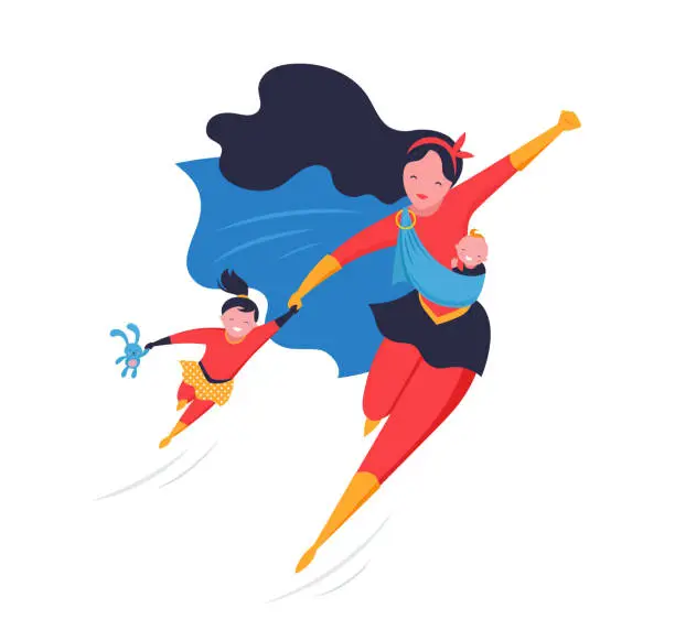 Vector illustration of Super Mom. Flying superhero mother carrying a baby. Vector illustration