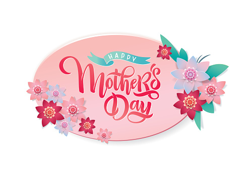 Vector Mother's day bright greeting card with festive beautiful calligraphy lettering, spring red and pink blossom flowers frame background, ribbon. Text Happy Mother's Day for celebration MOM day.