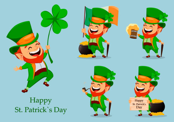 Saint Patrick day. Cartoon character Leprechaun Saint Patrick day. Funny Leprechaun in hat with clover, set of five poses. Cute cartoon character. Vector illustration cute leprechaun stock illustrations