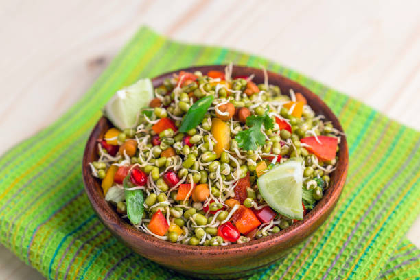 Sprouted Lentil Salad Sprouted Lentil salad served in a bowl for lunch red mung bean stock pictures, royalty-free photos & images