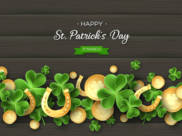 ilustrações, clipart, desenhos animados e ícones de st. patricks day saudação projeto de férias. - cards symbol clover horse