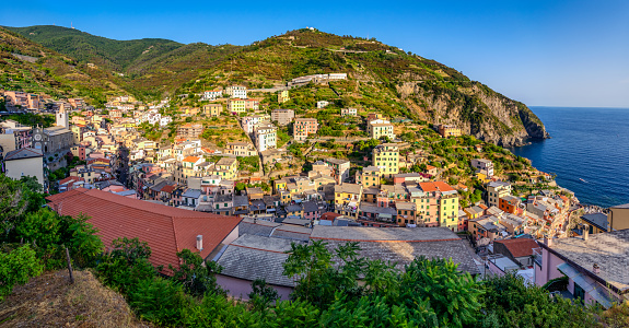 Aerial panoramic view of Riomaggiore town in Cinque Terre, La Spezia, Italy