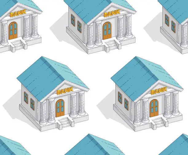 Vector illustration of Bank buildings seamless background, backdrop for financial business or banking website or economical theme ads and information, credits and savings, vector wallpaper or web site background.
