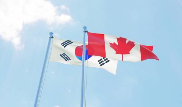 istock South Korea and Canada, two flags waving against blue sky 1127761618