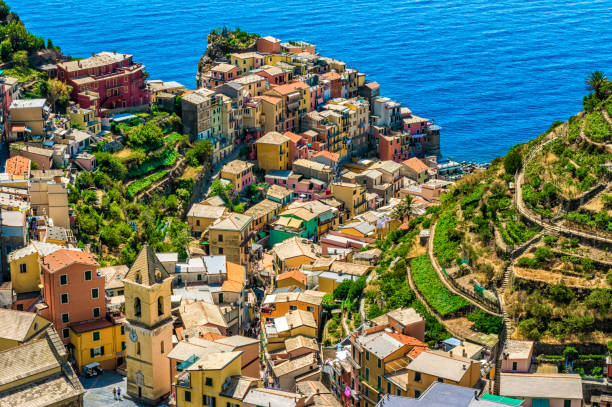 aerial view of manarola. cinque terre. liguria. italy - manarola imagens e fotografias de stock