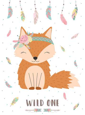 Сollection Of Handdrawn Boho Cute Fox With Words Wild One Background Of  Feathers And Polka Dots Vector By National American Motifs For Baby Cards  Flyers Posters Prints Holiday Stock Illustration - Download