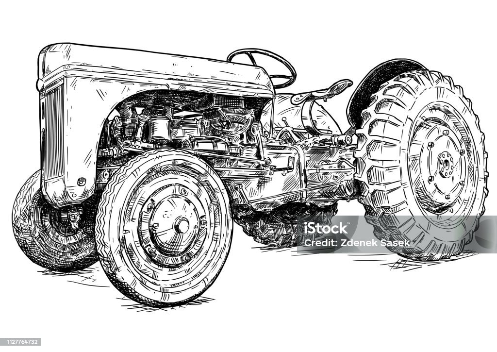 Dessin animé ou Style bande dessinée dessin d’anciens ou Vintage tracteur rouge - clipart vectoriel de Tracteur libre de droits