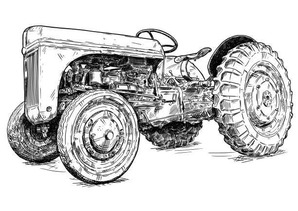Cartoon or Comic Style Drawing of Old or Vintage Red Tractor Old vintage tractor vector pen and ink illustration. Tractor was made in Dearborn, Michigan, United States or USA from 1939 to 1942 or 30's to 40's. tractor illustrations stock illustrations