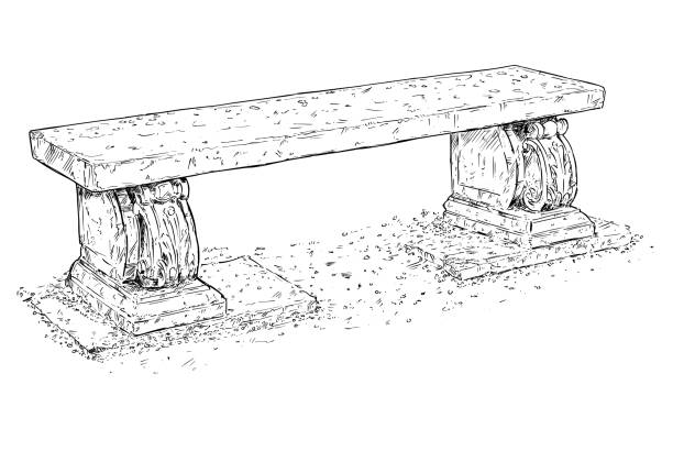 Artistic drawing of old , antique and ornamental park or garden bench made from stone.