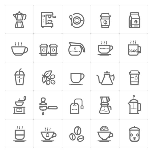 Icon set – coffee and tea outline stroke vector illustration on white background vector art illustration