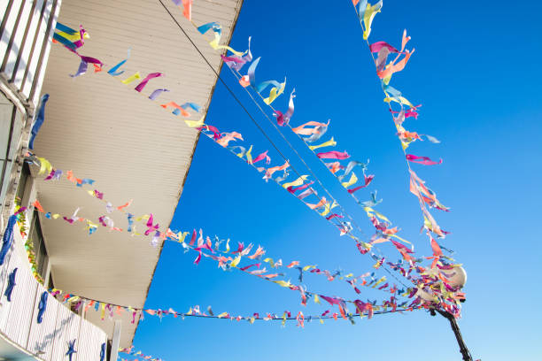 Small colorful flags in the wind against a blue sky