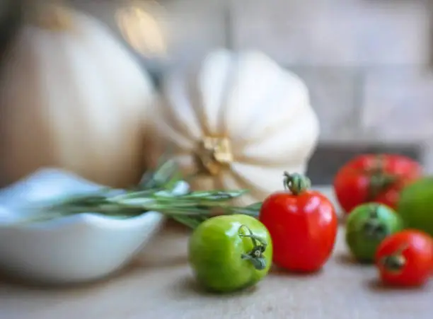 Tomatoes, herbs and hardy winter squash being prepped for cooking