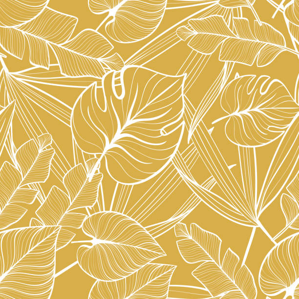 ilustrações, clipart, desenhos animados e ícones de sem costura padrão floral com folhas tropicais. desenho de linha. ilustração de desenho à mão livre. - wallpaper pattern seamless backgrounds leaf