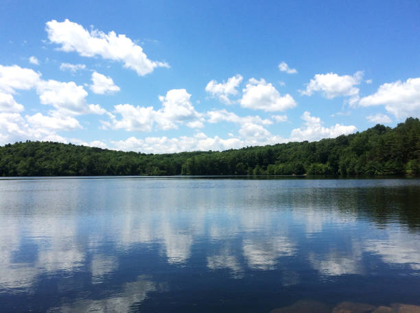 istock Horizontal photo of lake with reflecting clouds 1127773638