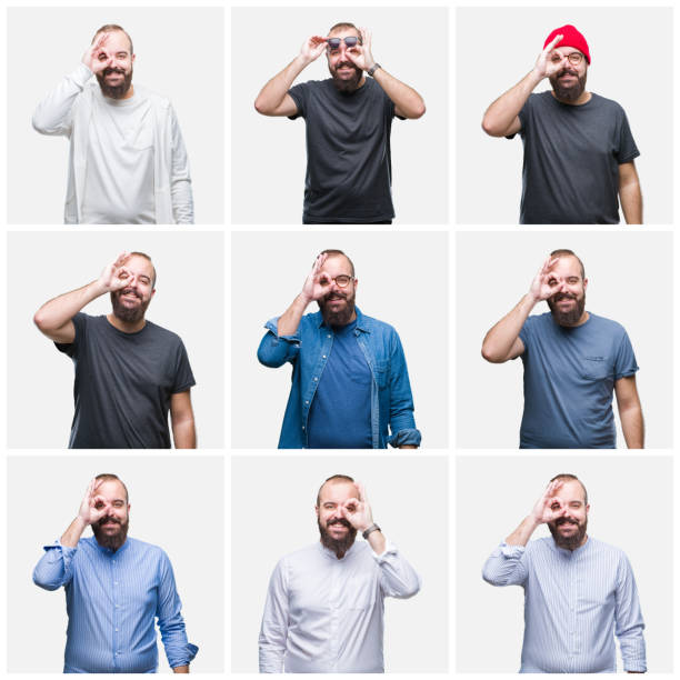 istock Collage of young man over isolated background doing ok gesture with hand smiling, eye looking through fingers with happy face. 1127775209