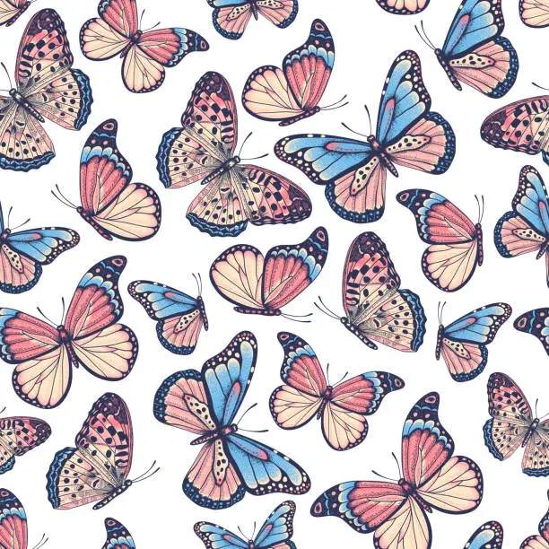 Vector illustration of Hand drawn seamless pattern with butterflies