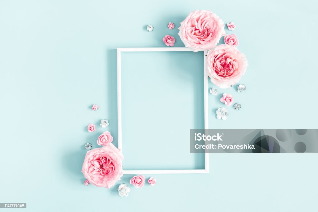 Composición De Flores Marco De Fotos Flores Color De Rosa En Colores Pastel Azul De Fondo Día De San Valentín Día De Las Madres Día De La Mujer Concepto De Primavera Endecha Composición De Flores Marco De Fotos Flores Color De Rosa En Colores Pastel Azul De Fondo Día De San Valentín Día De Las Madres Día De La Mujer Concepto De Primavera Endecha