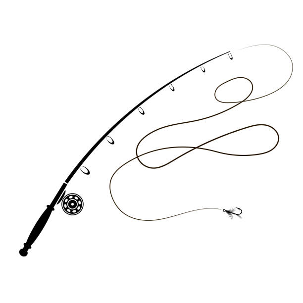 rod-silhouette mit angelhaken angeln - catch of fish sport black and white activity stock-grafiken, -clipart, -cartoons und -symbole