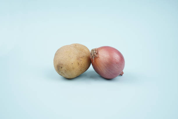 Red onion and potato on the blue background